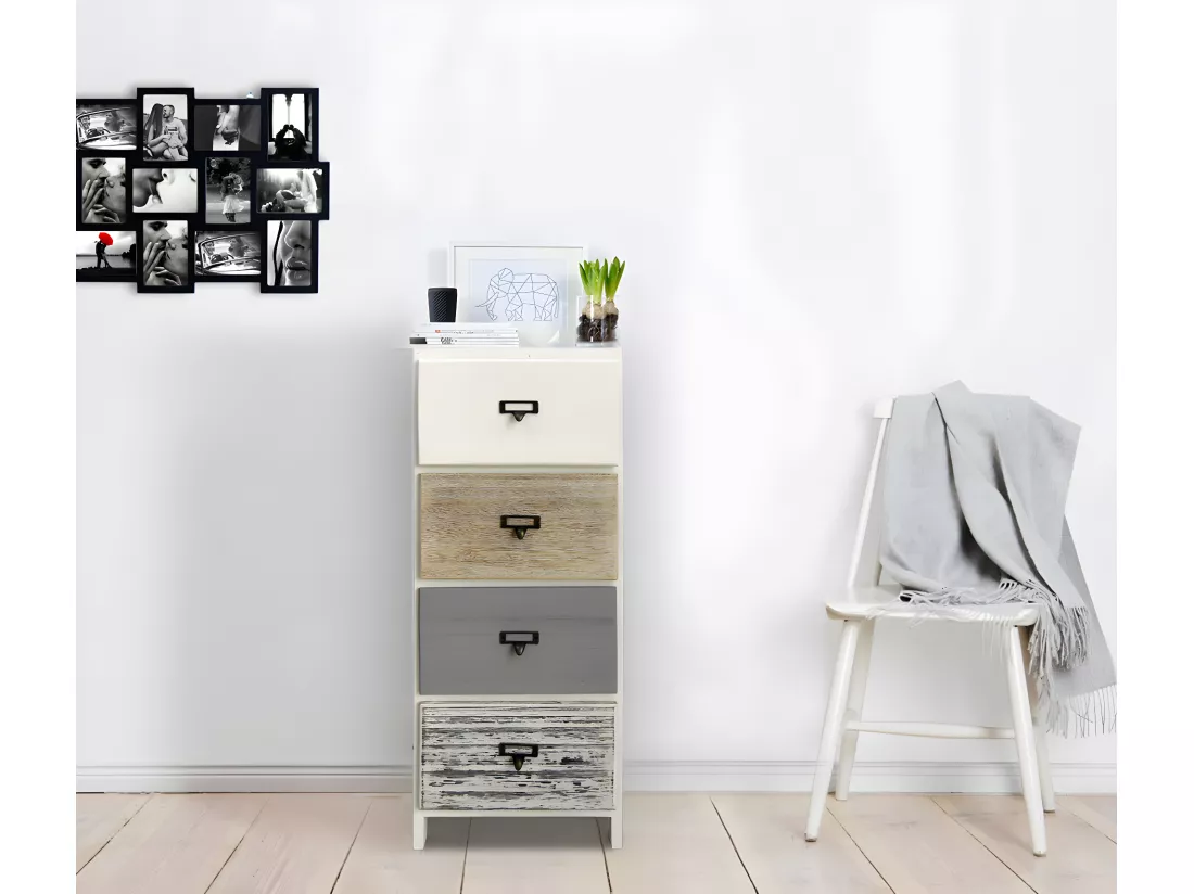 Commode 4 Tiroirs Bois Blanc Beige Gris Monté 79x30x24