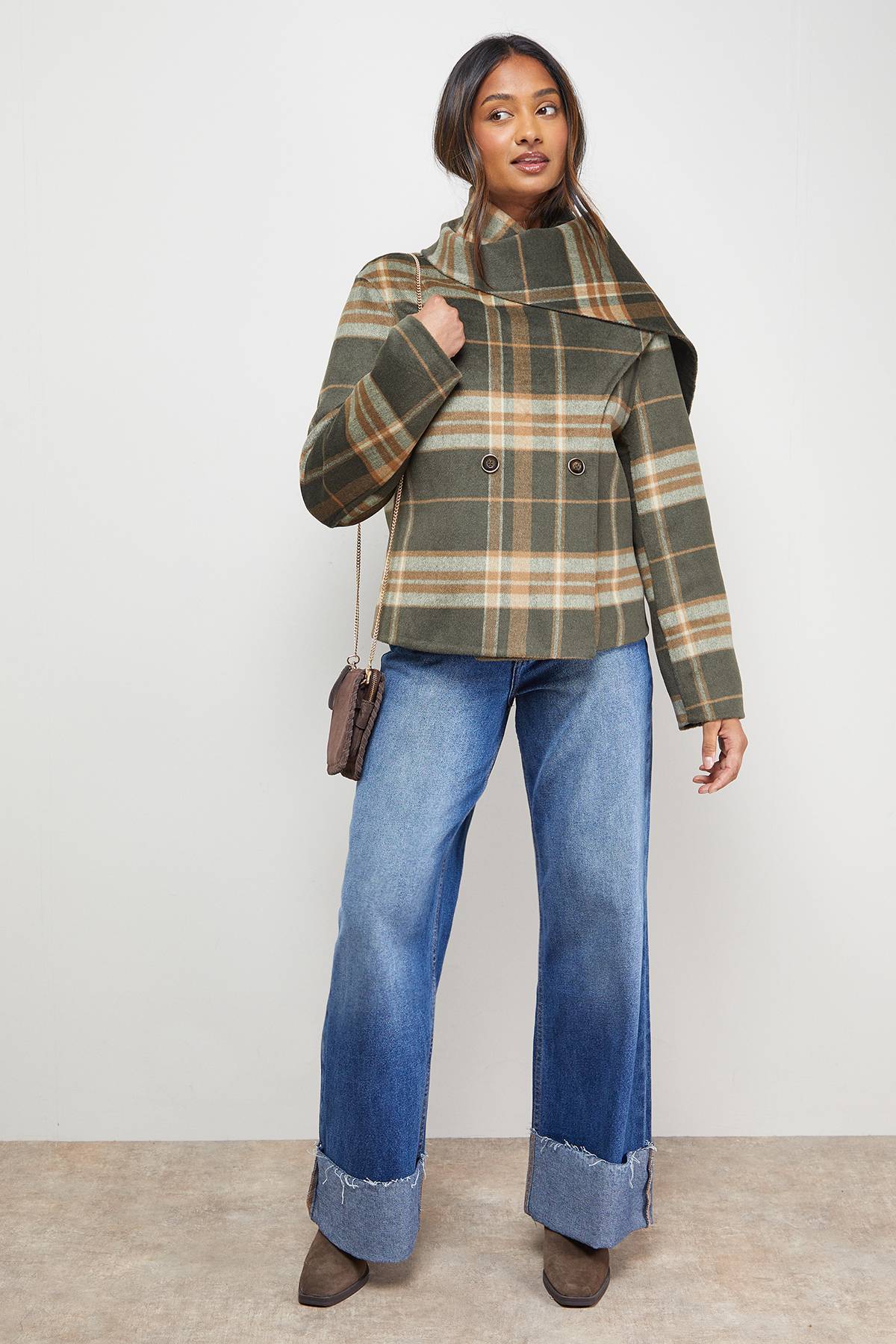 Oasis Manteau Veste Longue à Carreaux avec Détail Foulard