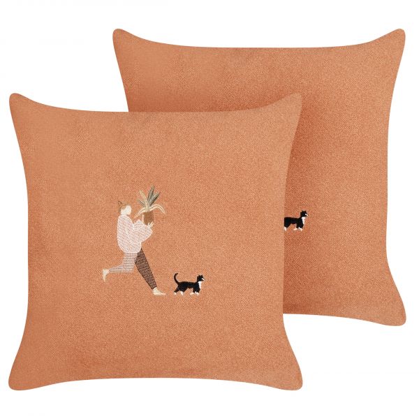 Beliani Conjunto de 2 Almofadas Decorativas Laranjas 45 x 45 cm com Bordado e Capa Removível para Quarto Ou Sala de Estar