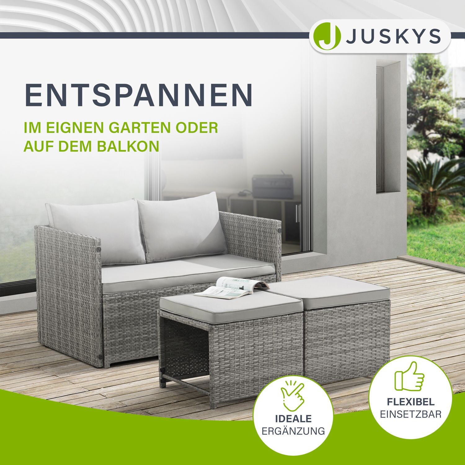 Juskys 2in1 Polyrattan Relax Gartenmöbel Set Jamaika - Lounge für Balkon & Outdoor, Balkonmöbel Grau