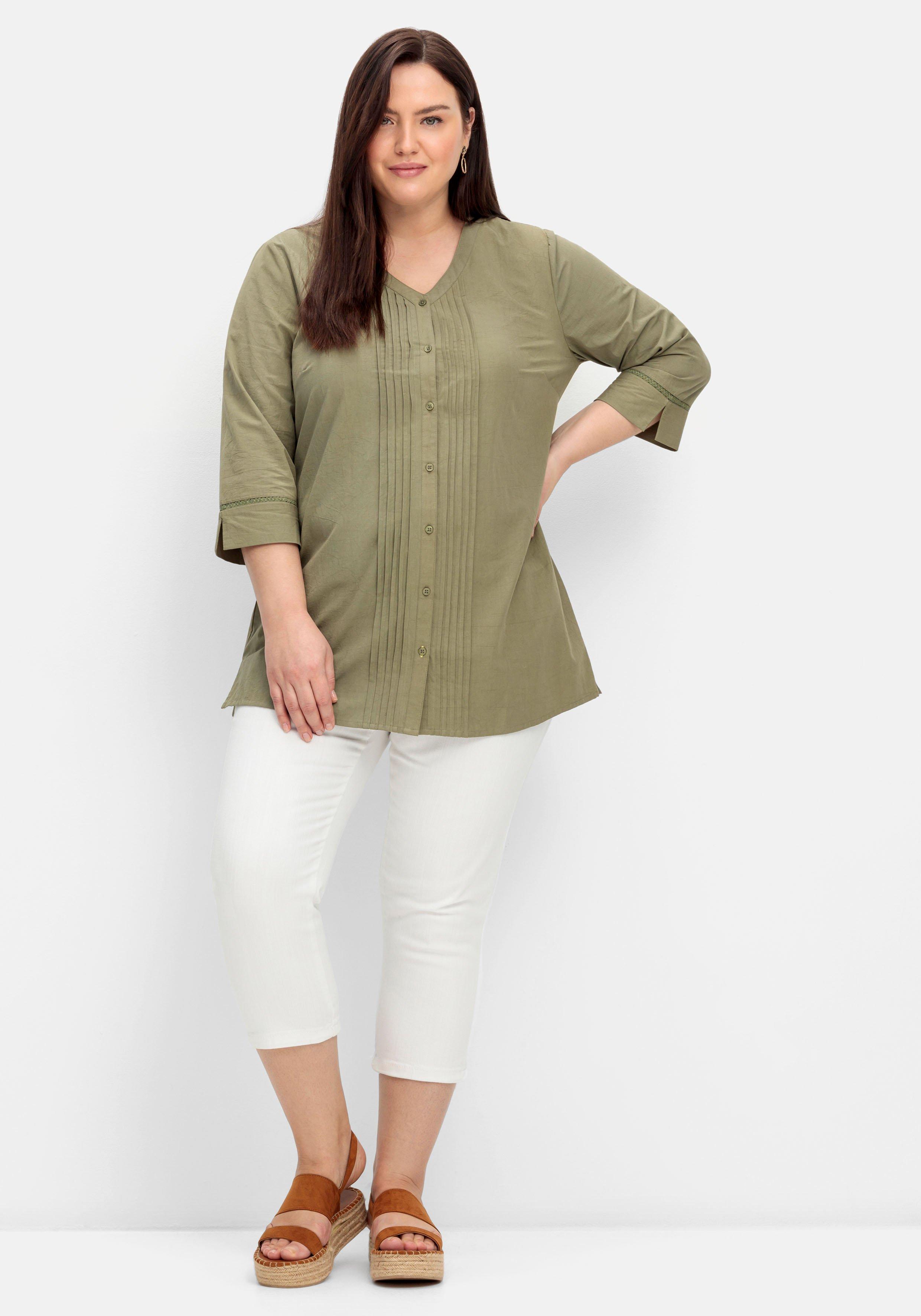Bluse mit Biesen und Häkeldetails, aus Popeline