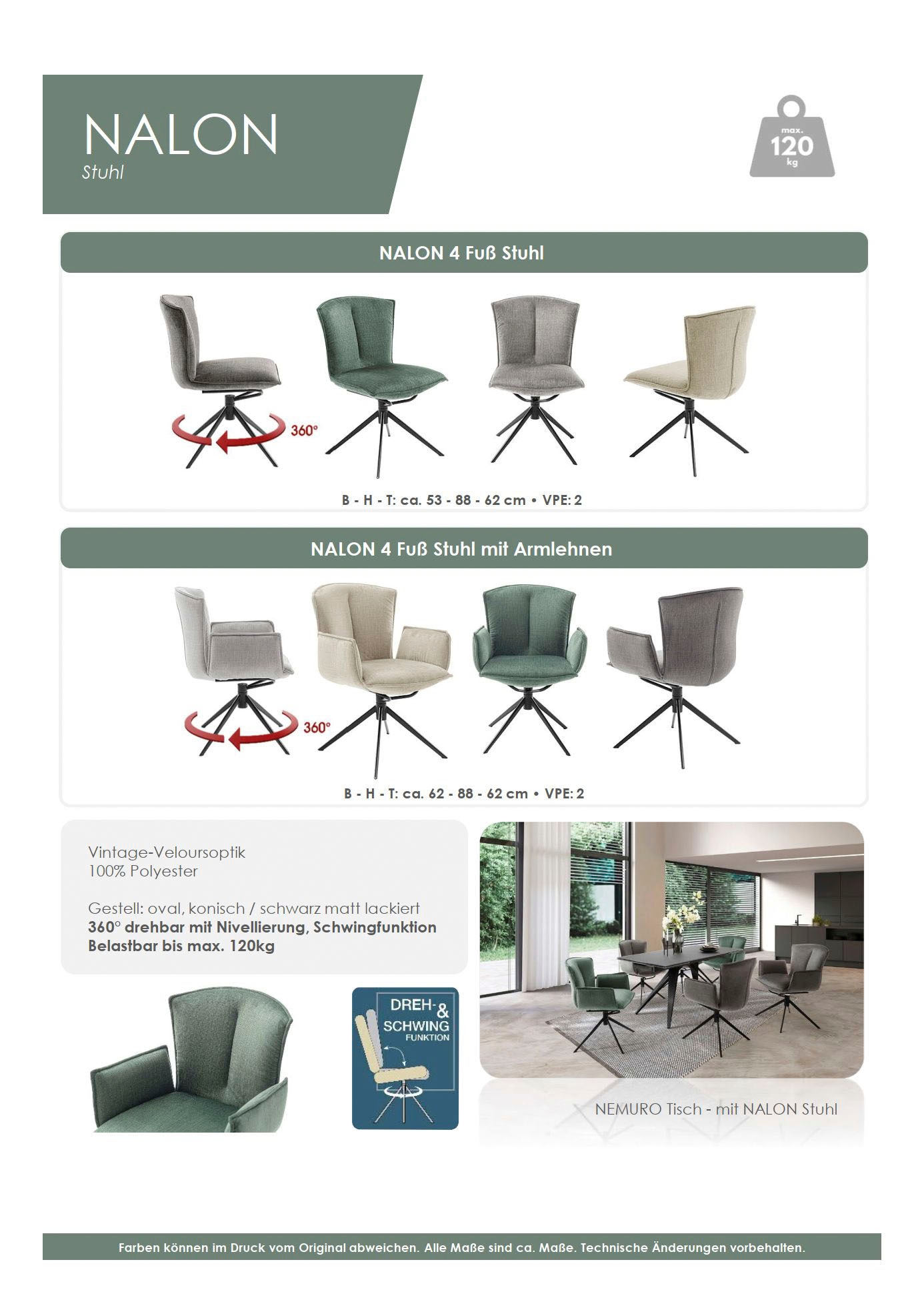 MCA furniture 4-Fussstuhl »NALON Esszimmerstuhl (2er Set) - Stuhl« (Set) 2 Stk.360° drehbar, Schwingfunktion, Metall, Veloursoptik, belastbar 120 kg