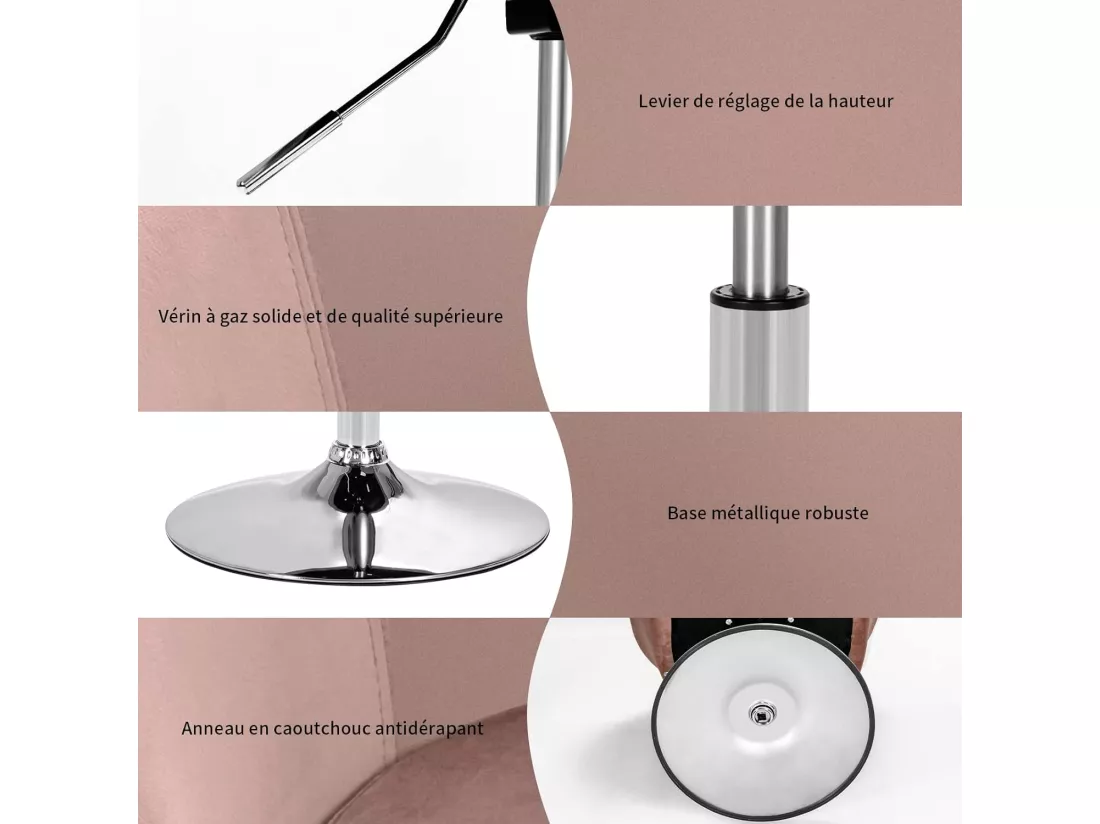 Chaise Pivotante en Velours, Fauteuil de Bureau réglable en Hauteur, Base Galvanisée Charge 125kg Rose