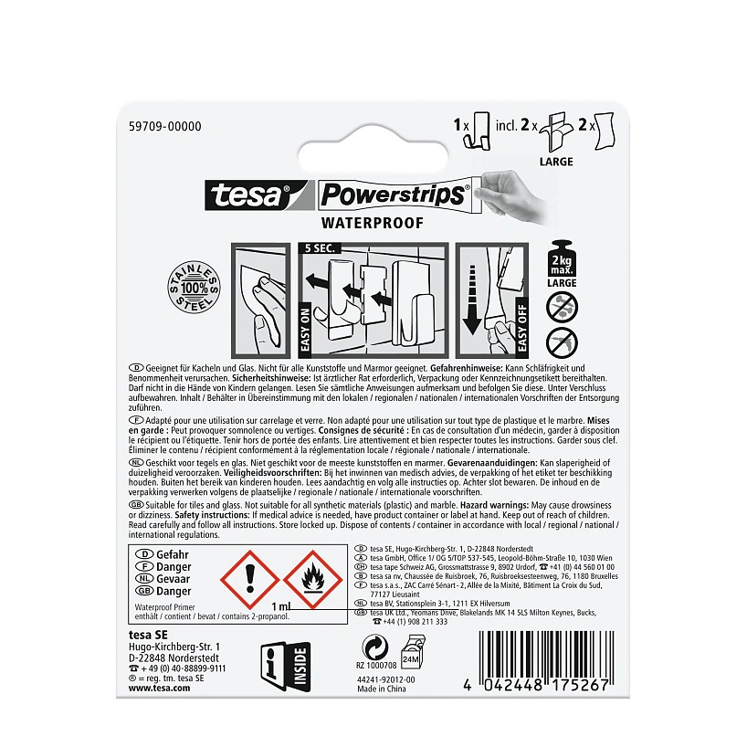 (60x36mm) Powerstrips Wasserfester Rasierer Halter Selbstklebender Duohaken für Dusche / Badezimmer (59709-00000-03) - Silber