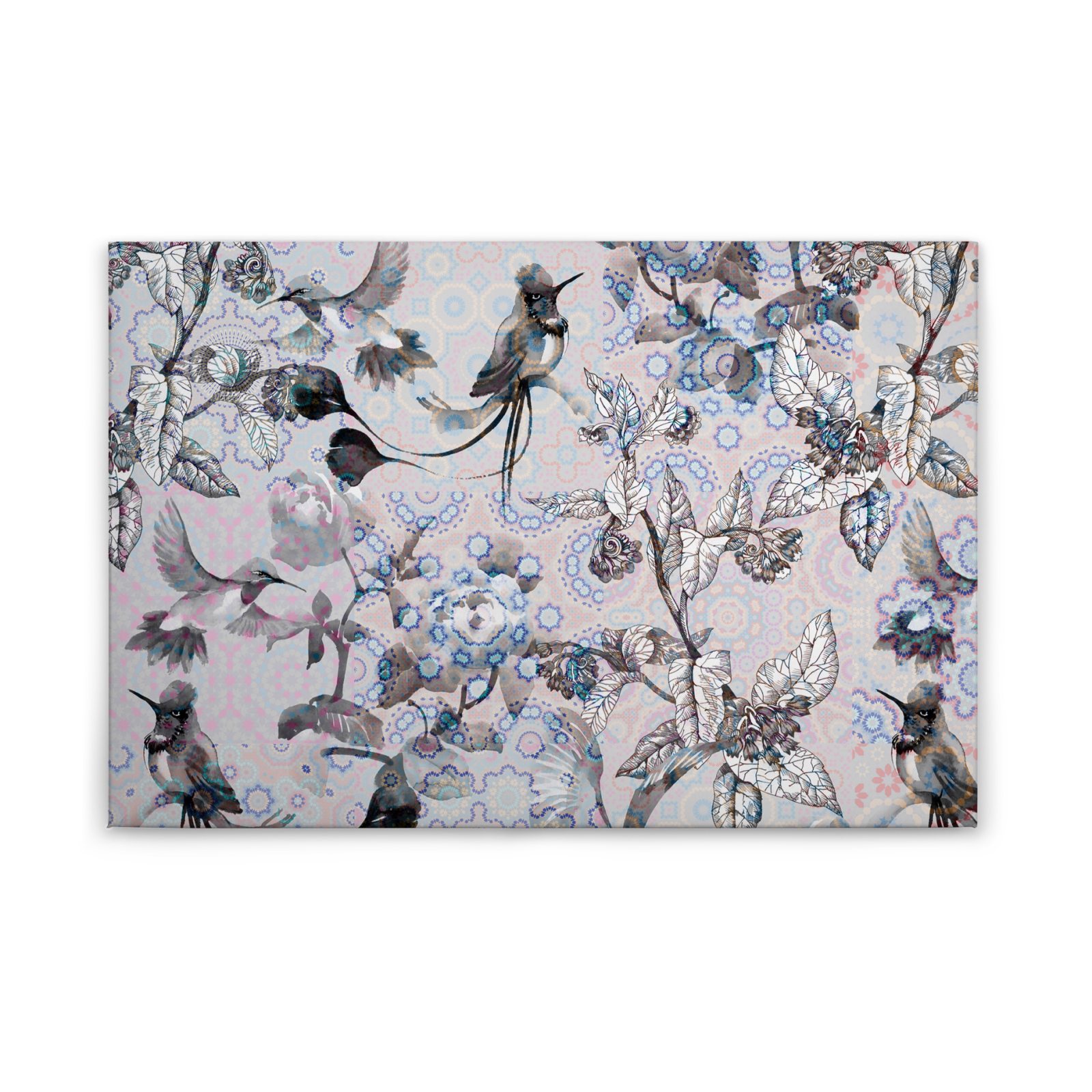 Leinwandbild BUNTE VÖGEL- grau-weiß - 90x60 cm