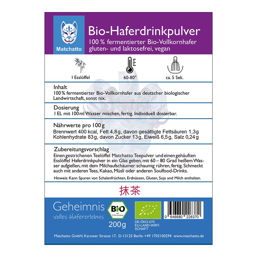 Matchatto Haferdrink Pulver Barista Bio