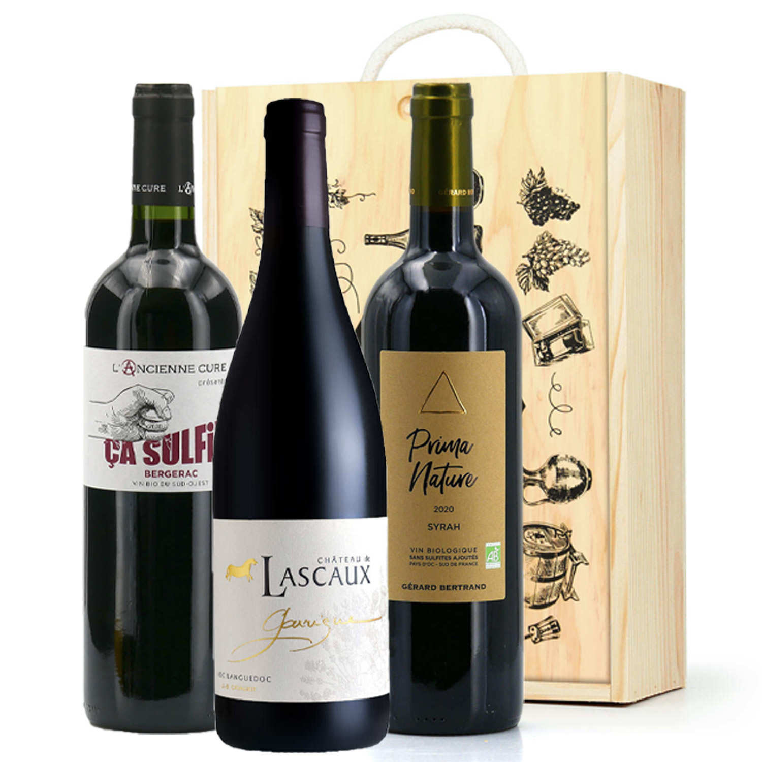 Coffret bois 3 vins sans sulfites