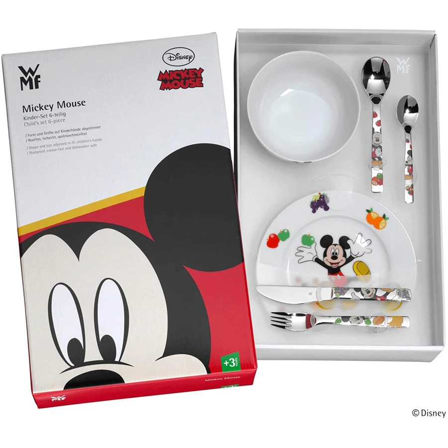 Schnullireich Geschenkset mit Namen Mickey Mouse: WMF Kinderbesteck + TellerSchale+ Lätzchen Silber