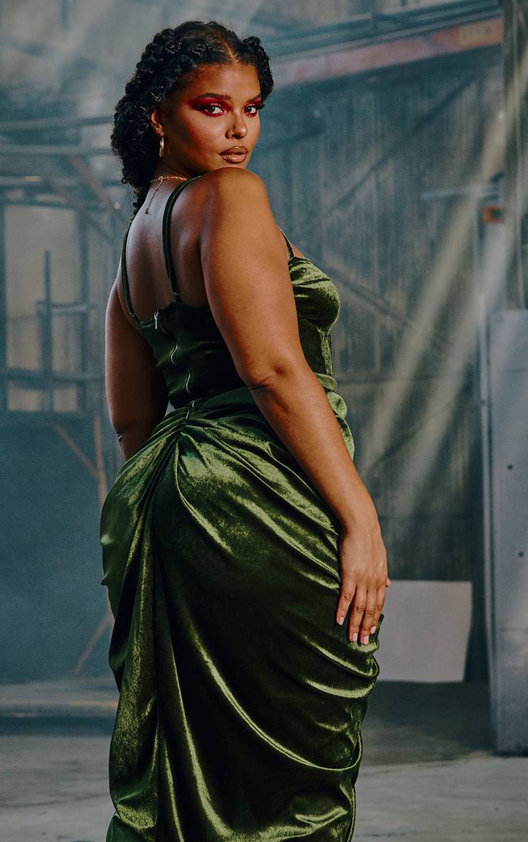 Vert Emeraude Top Corset Structuré En Velours Kaki Grande Taille