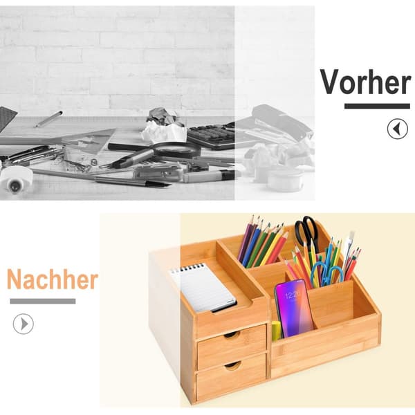 Desk Organizer Kontoroppbevaringsboks Med 2 Skuffer, Organisering Og Orden, Naturlig, L33 X B20,5 X H15,5 Cm