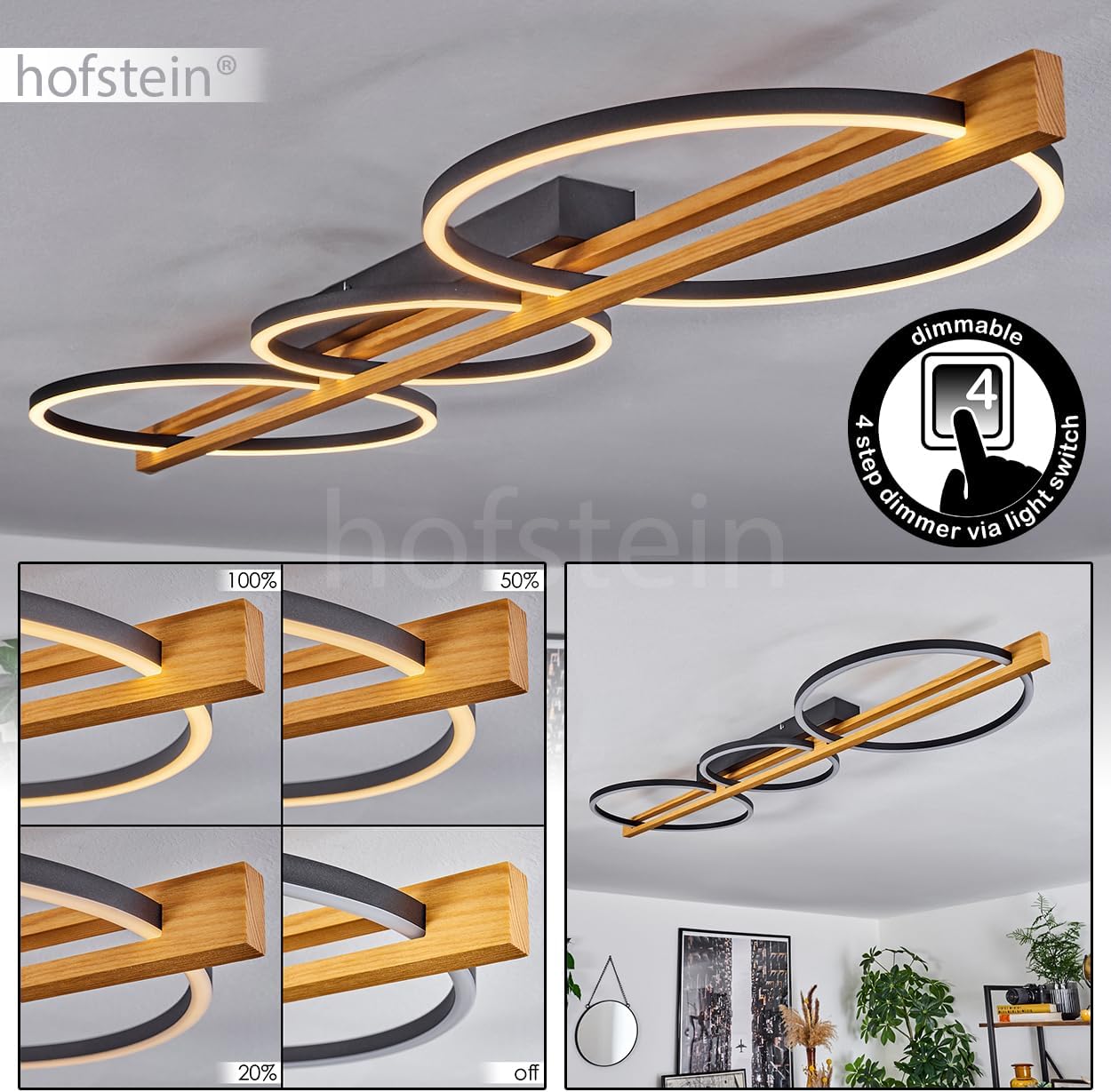 LED Deckenleuchte Carcano, dimmbare Deckenlampe aus Metall/Holz/Kunststoff in Schwarz/Natur/Weiß, (Ø 26,5 cm, 36,5 cm), 3-flammig, 38 Watt, 1600 Lumen, 3000 Kelvin, dimmbar über Lichtschalter