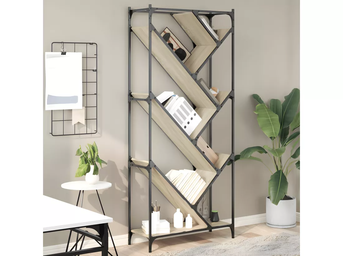 Bibliothèque chêne sonoma 79x30x180 cm bois ingénierie et métal