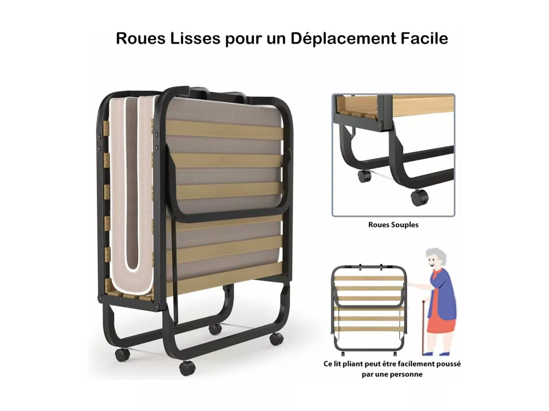 Lit Pliant 1 Personne Adulte 200x80CM (Fabriqué en Italie), avec Matelas en Mousse à Mémoire de Forme, Lit d’Apoint Pliable à 4 Roues et Sommier à 15 Lattes de Bois