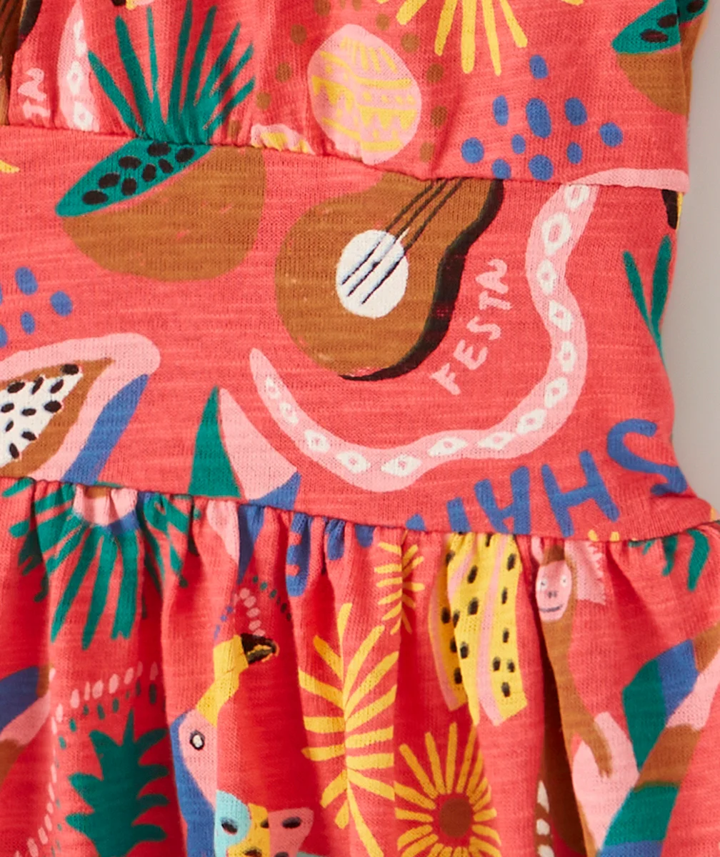 ROBE À BRETELLES FILLE ROSE AVEC VOLANTS THÈME RIO