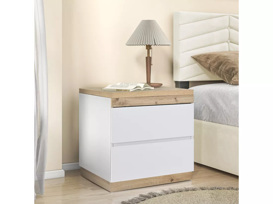 Table de chevet avec deux tiroirs avec fonction de rangement E1 panneau de particules blanc + chêne
