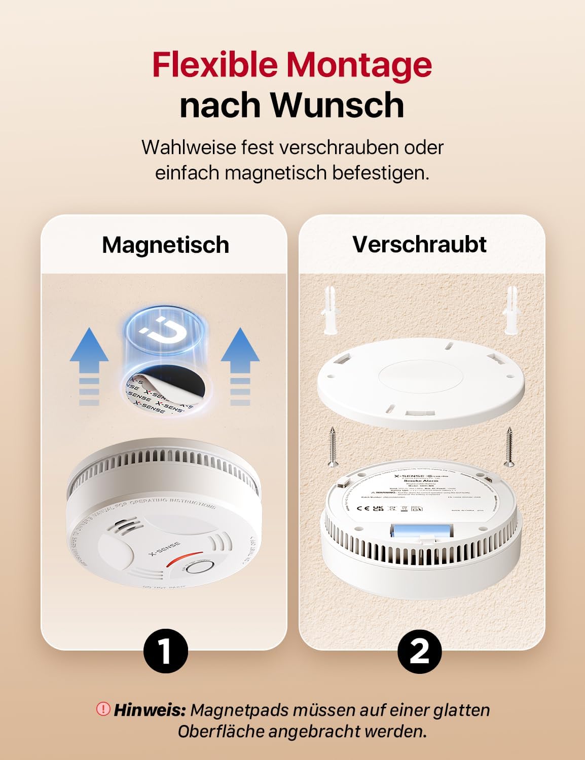 X-Sense Smart-Rauchmelder WLAN mit Magnethalterung, Zertifiziert nach EN 14604, Rauchmelder vernetzt, App-Steuerung, mit Basisstation SBS50, funkvernetzter Feuermelder, SD11-MR61, 6 Stück