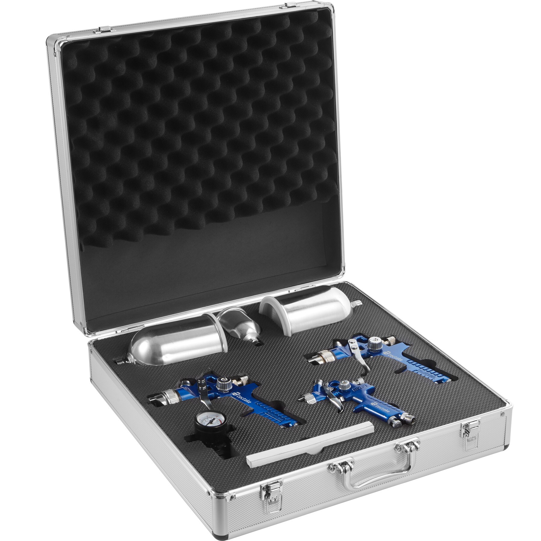 tectake® HVLP-Lackierpistolen-Set, 0,8 / 1,3 / 1,7 mm-Düse, korrosionsbeständig, inklusive Aluminiumkoffer