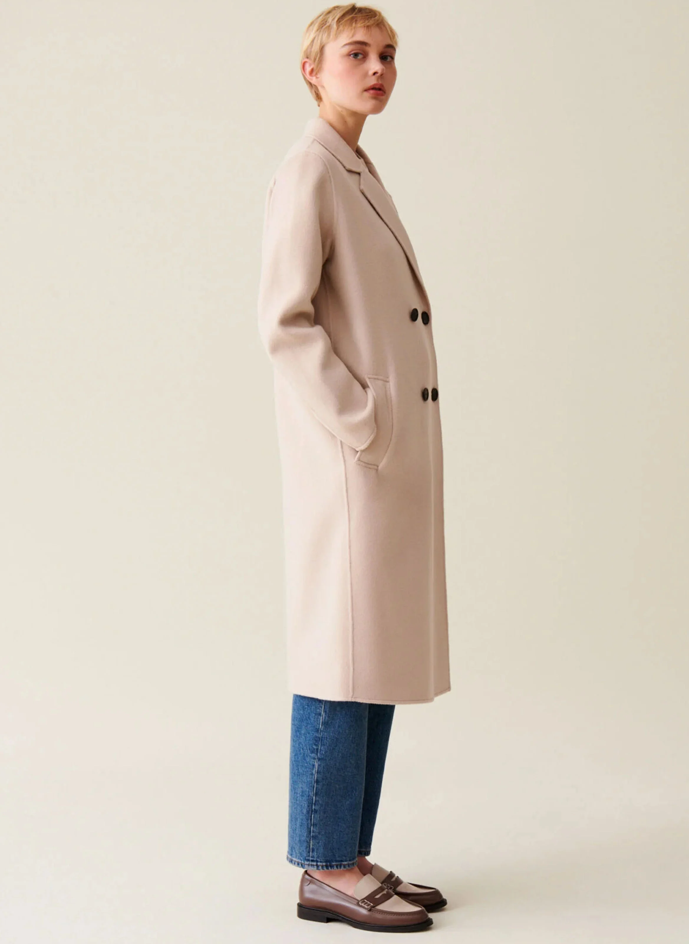 Manteau droit en laine mélangée | Beige