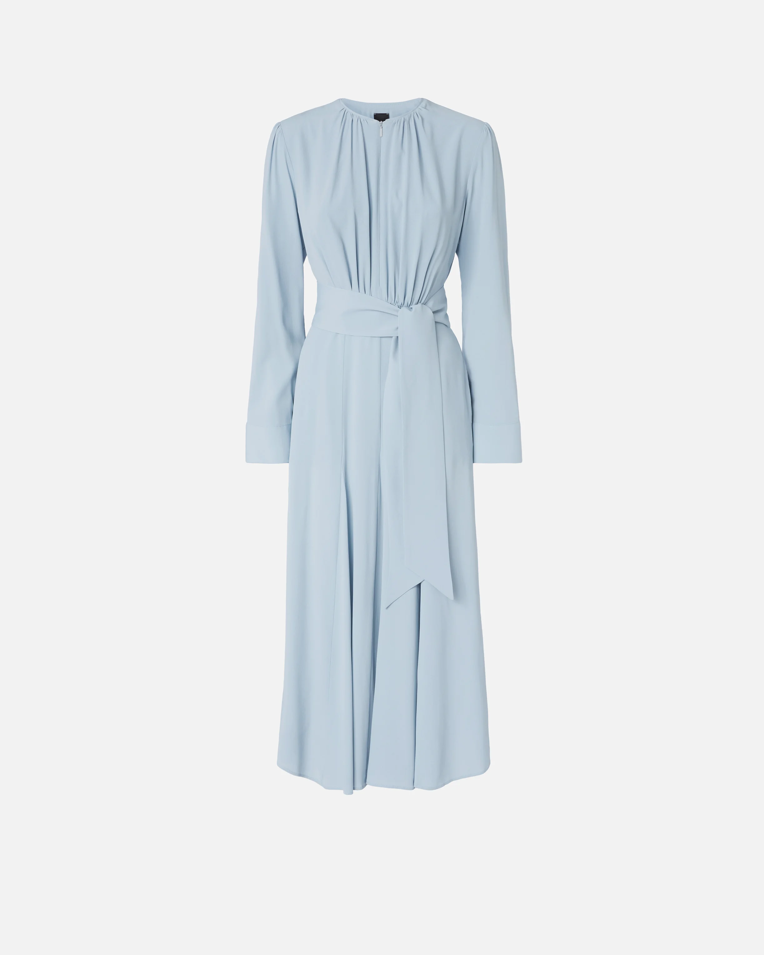 Robe longue ceinturée en soie mélangée à manches longues | Bleu