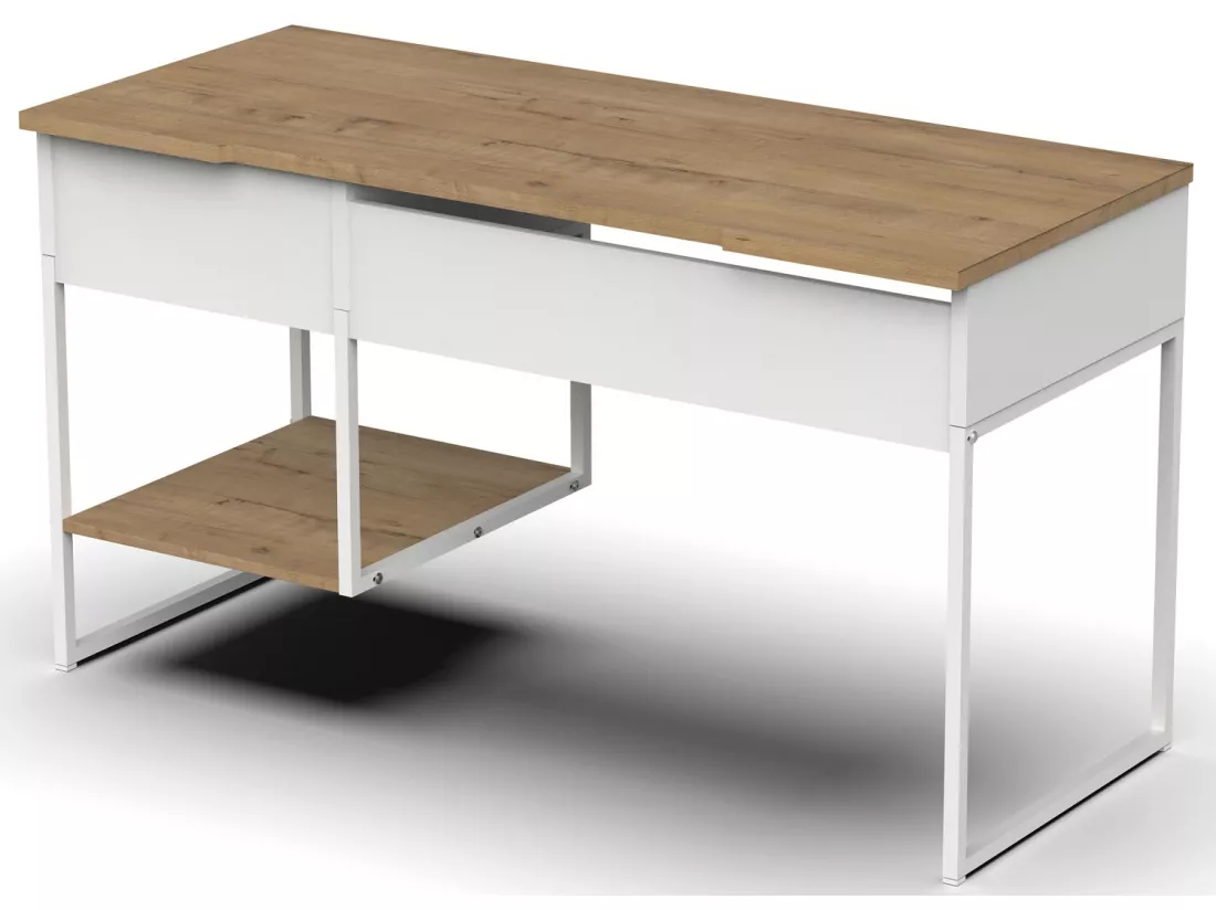 Bureau, table de travail en aggloméré finition chêne avec pieds en métal blanc - Longueur 137.5 x Profondeur 58 x Hauteur 76 cm