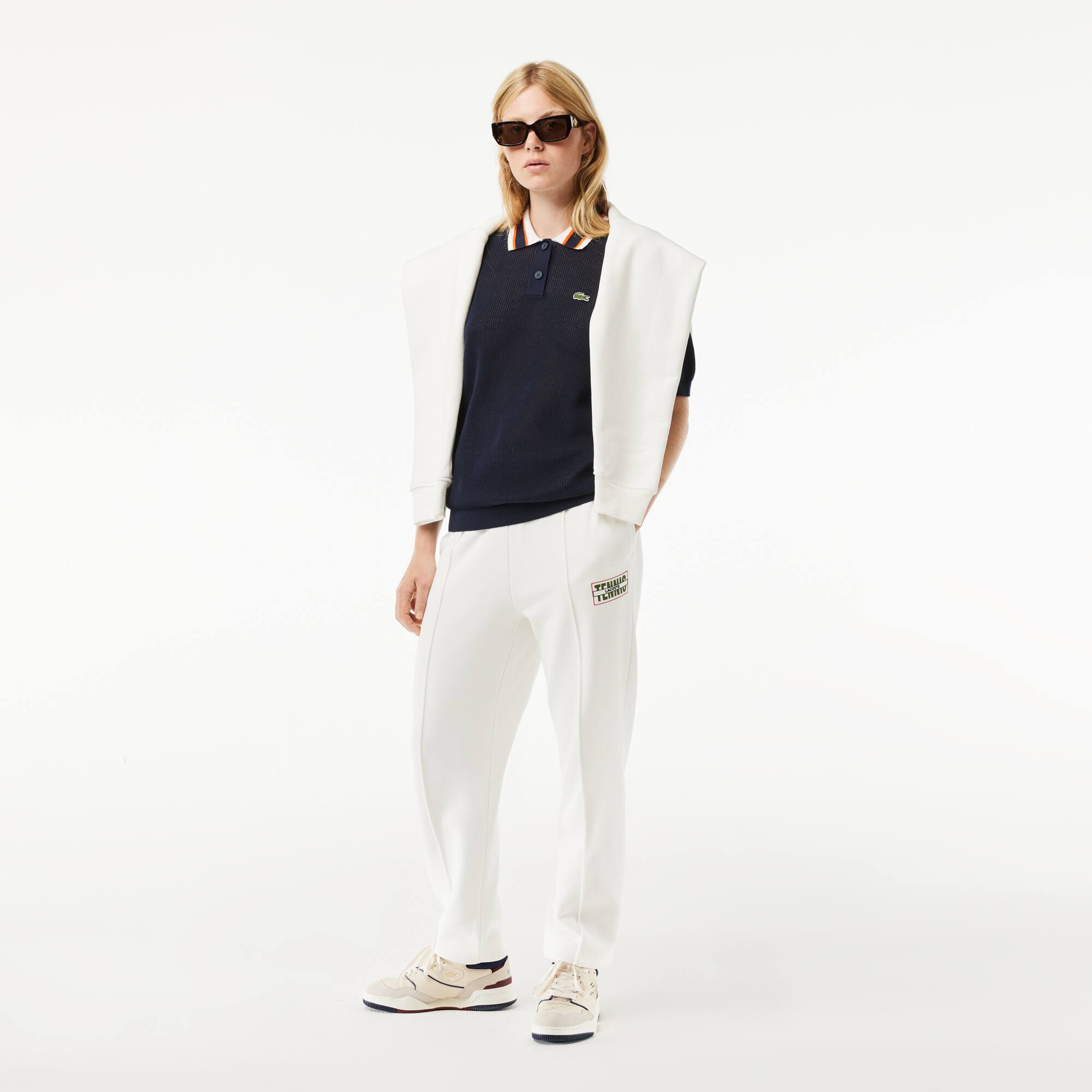 Pull col polo manches courtes en coton Pullovers - Bleu - Lacoste - Femme