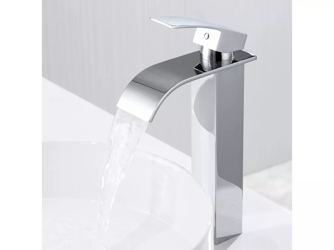 Robinet Cascade pour Vasque à Poser,Mitigeur Haut pour Lavabo,en Inox,Chromé+Bonde Lavabo Bonde Pop-up avec Trop-plein Automatique Universelle