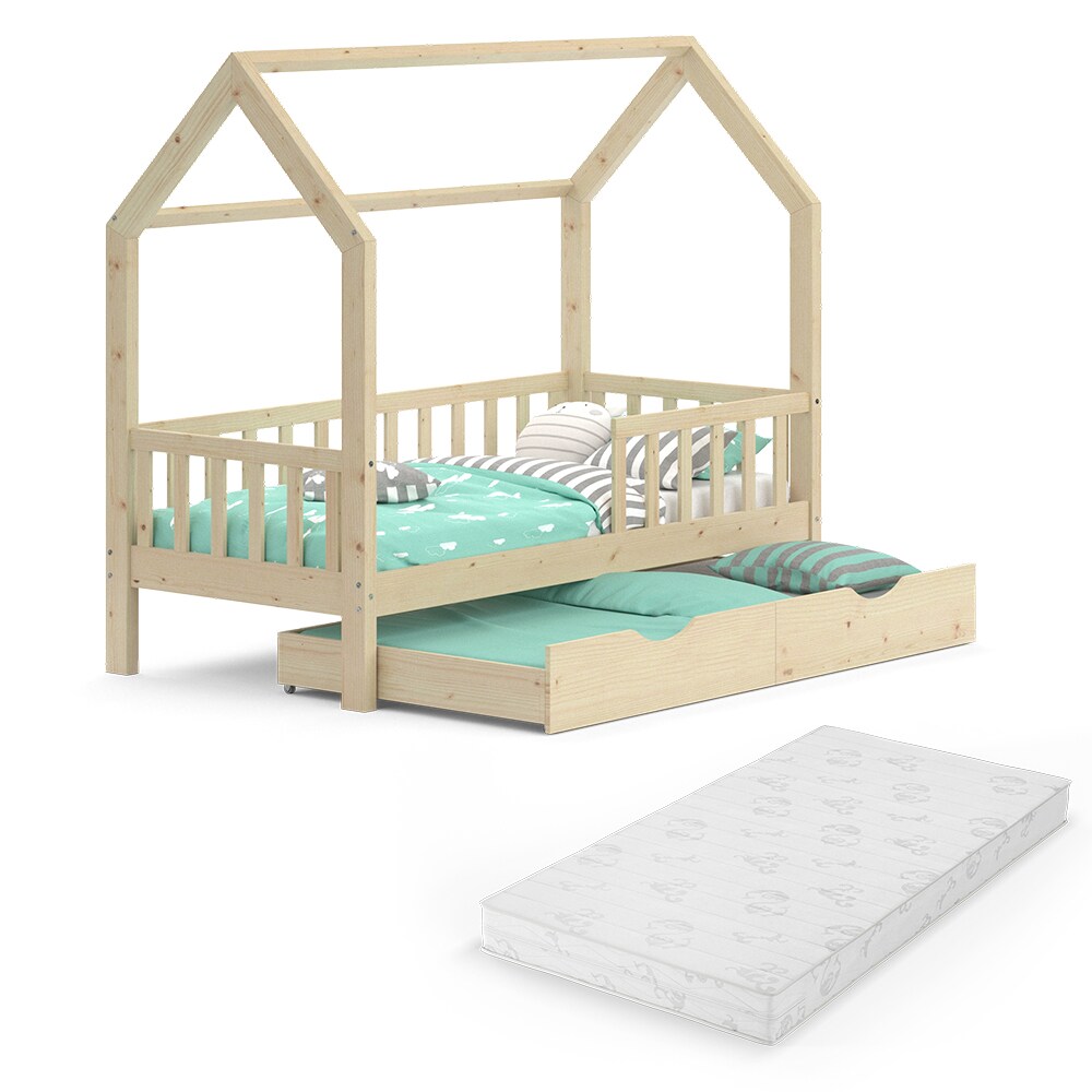 VitaliSpa Kinderbett Hausbett Gästebett Wiki Natur 80x160cm Schublade Matratze