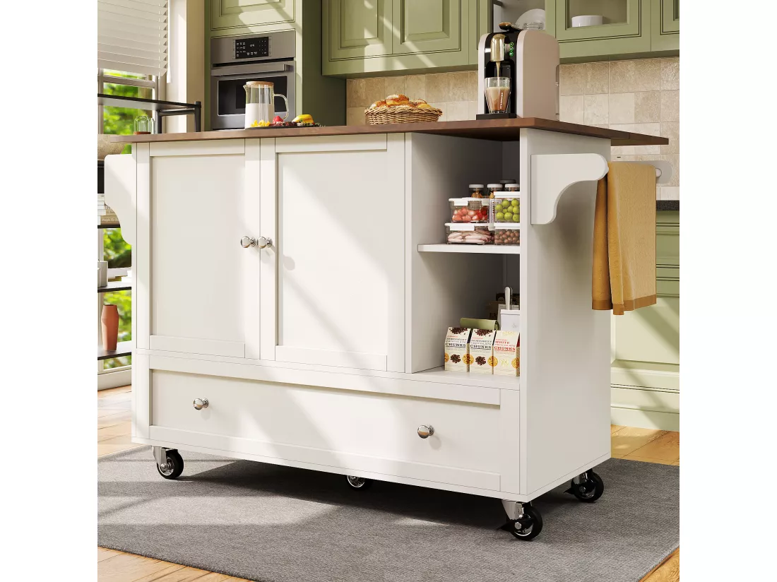 Ilot central de cuisine mobile avec 2 portes, 1 grand tiroir et compatiments - Plateau extensible - 128x46/71x92.5 cm - MDF - Blanc + marron