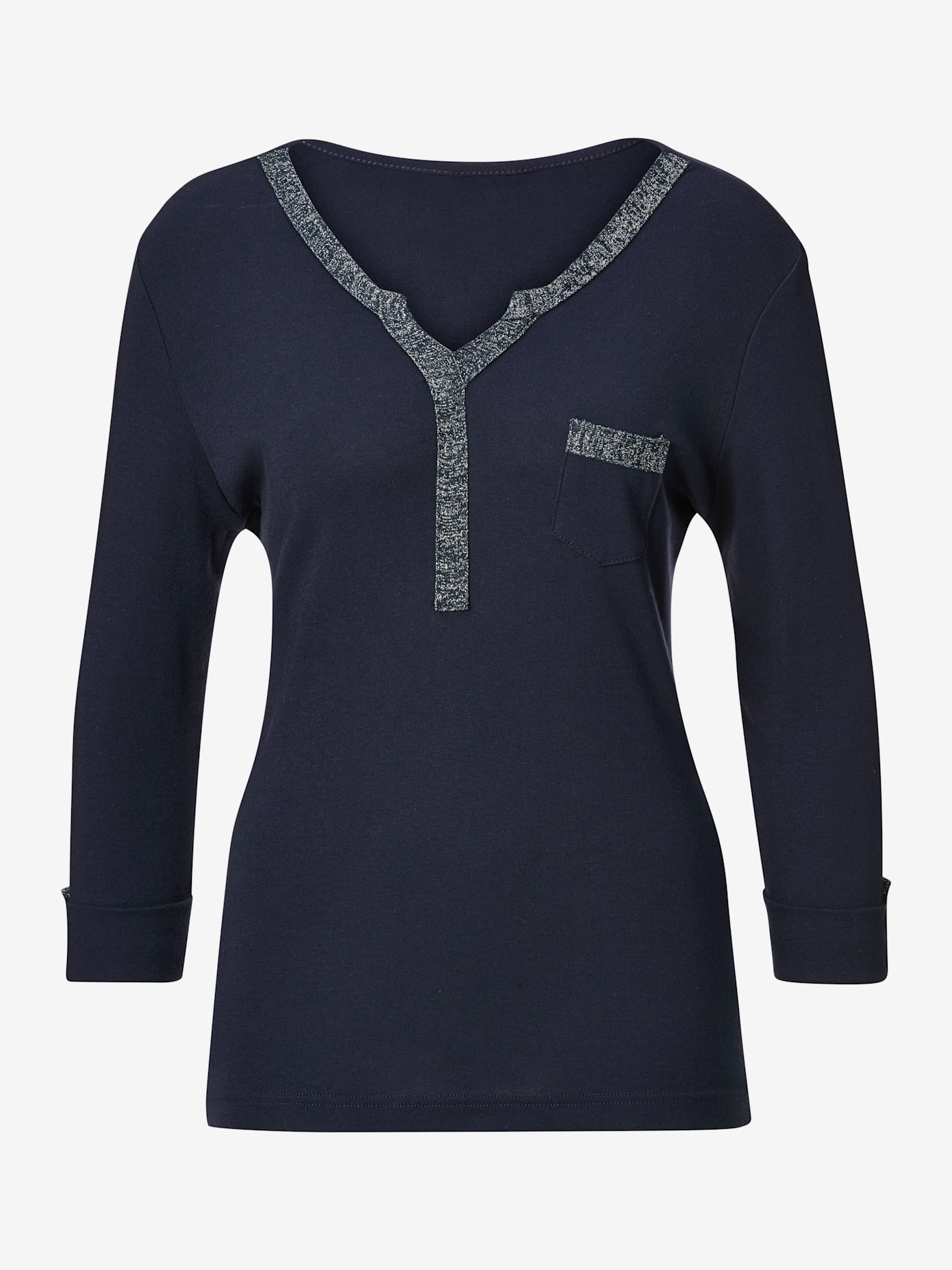 T-shirt col v imprimé manches 3/4 poche poitrine