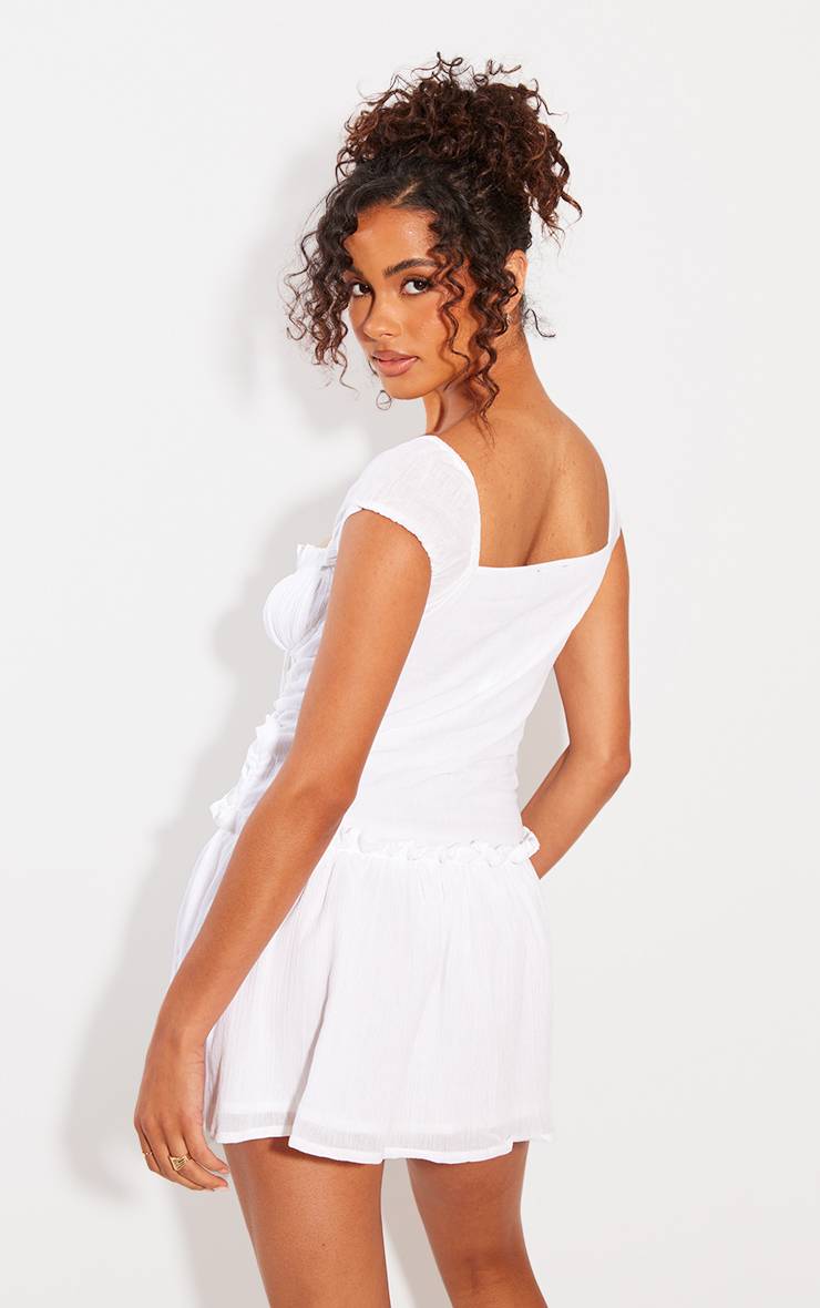 Blanc Robe Moulante Texturée Froncée À Manches Bouffantes
