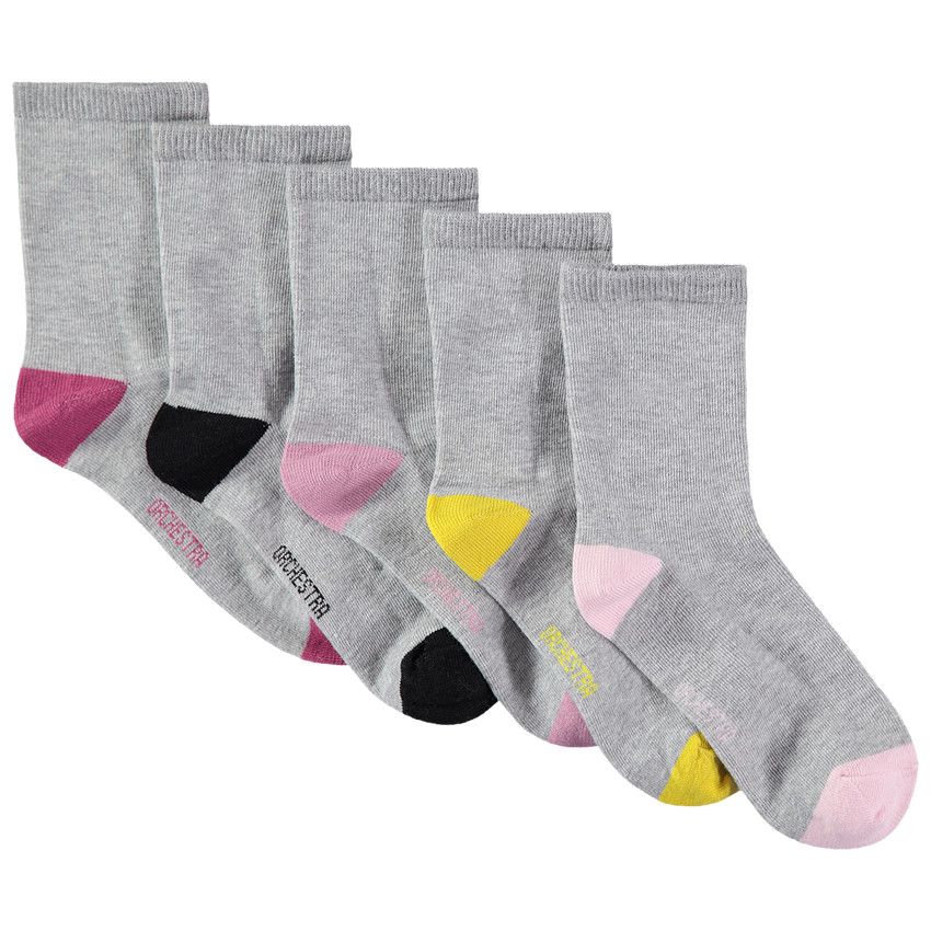 Lot de 5 paires de chaussettes grises avec bout et talon contrastés - Gris chiné