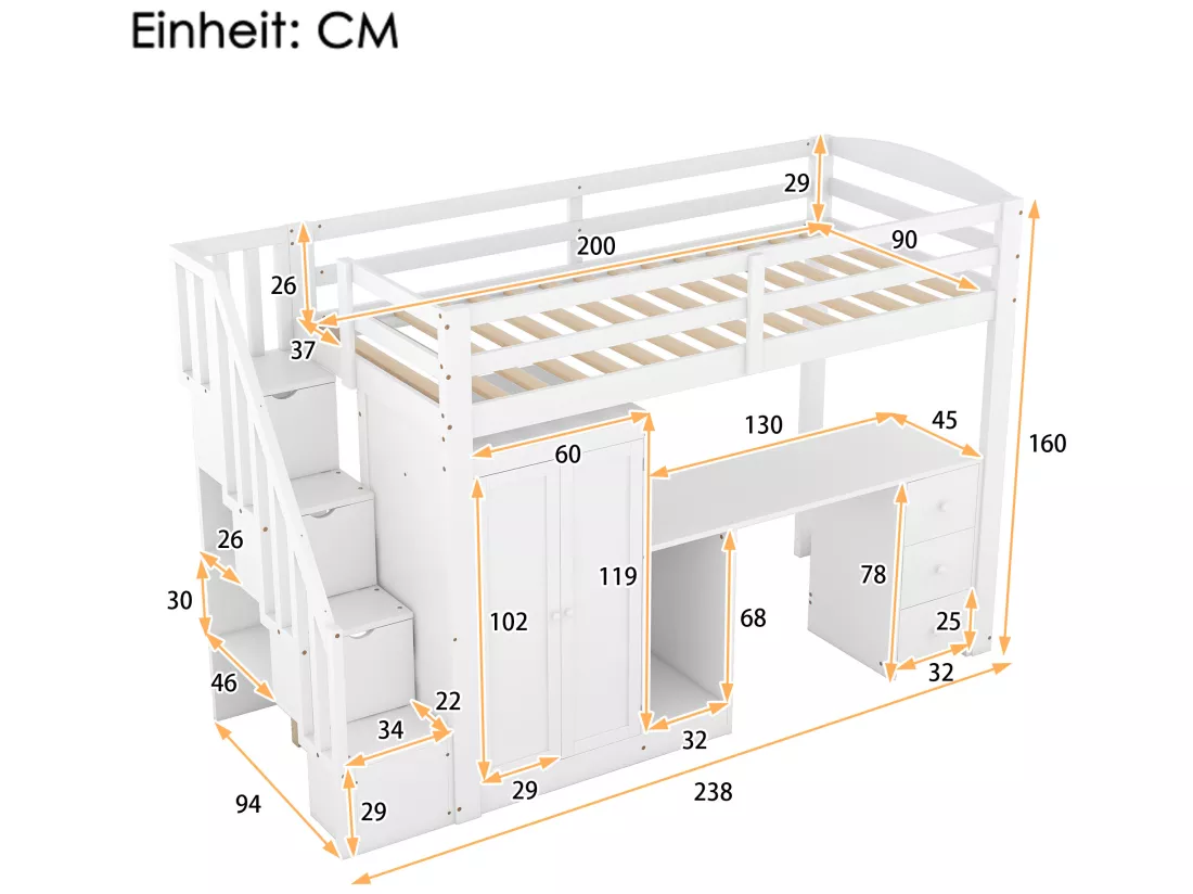 Lit mezzanine 90 x 200 avec armoire et escalier, bureau et tiroirs - Pin + MDF - Blanc