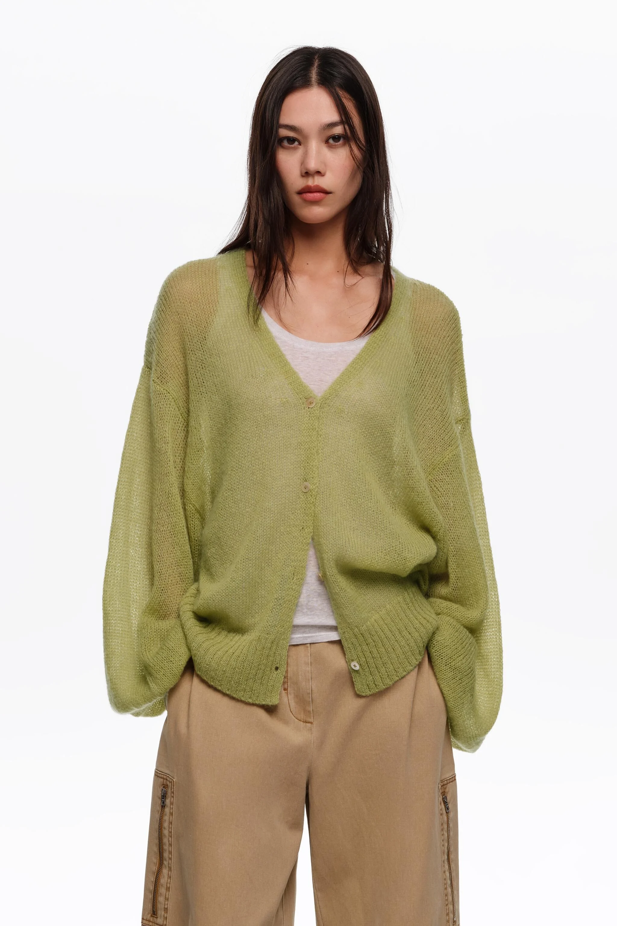 Casaco comprido verde de mohair e lã