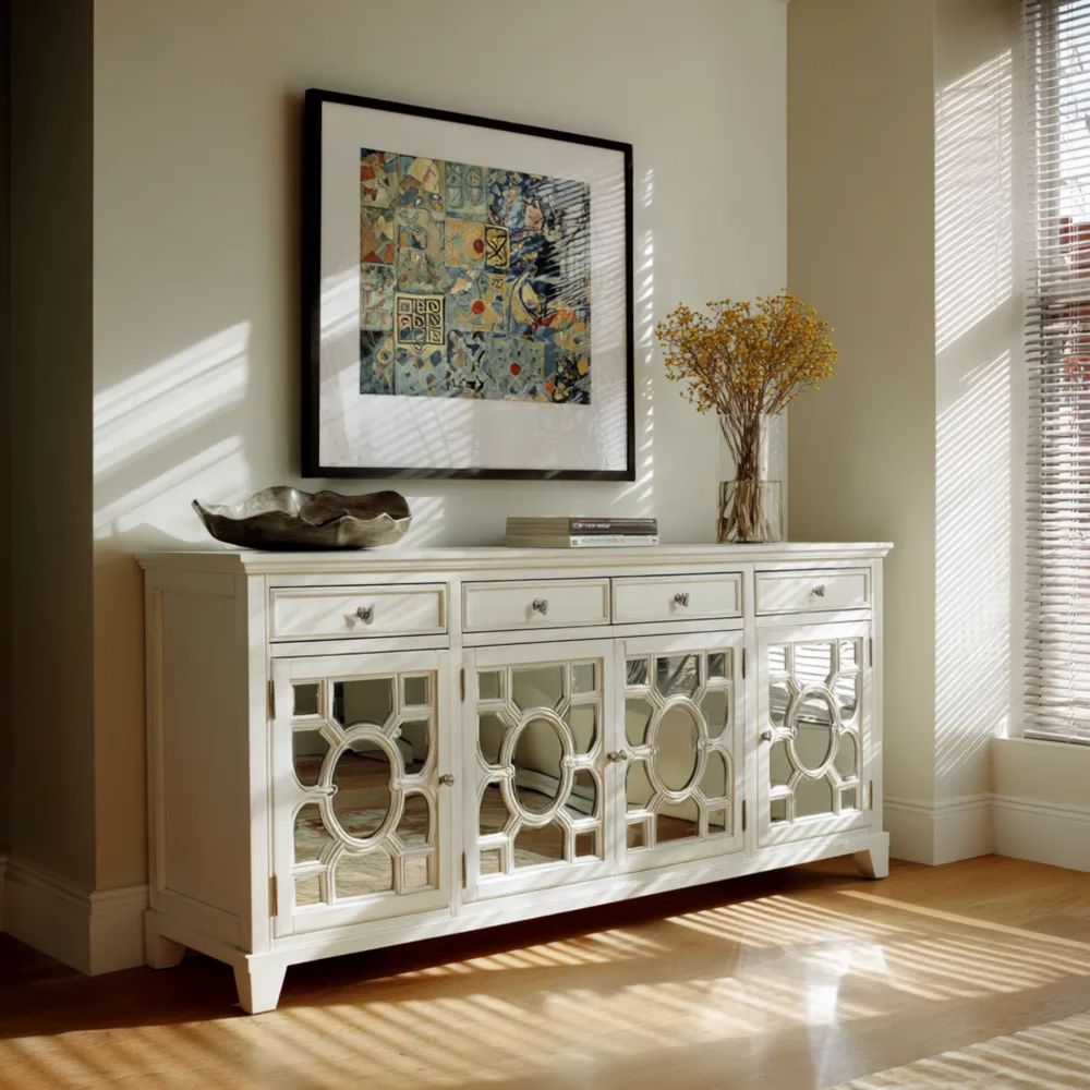 Klassisches Sideboard aus Holz 200x85x40 cm - Weiß - Spiegelglas-Türen