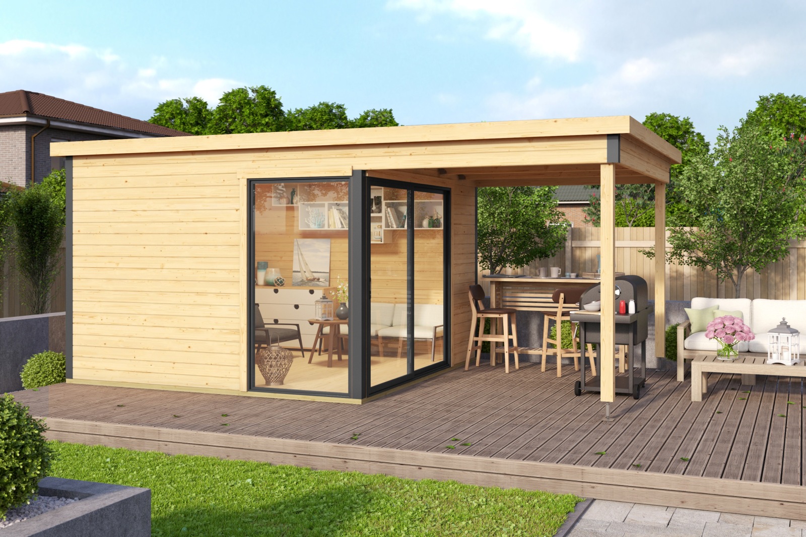 Gartenhaus DOMEO 2 - natur-anthrazit - Fichte massiv - 504,4x300 cm