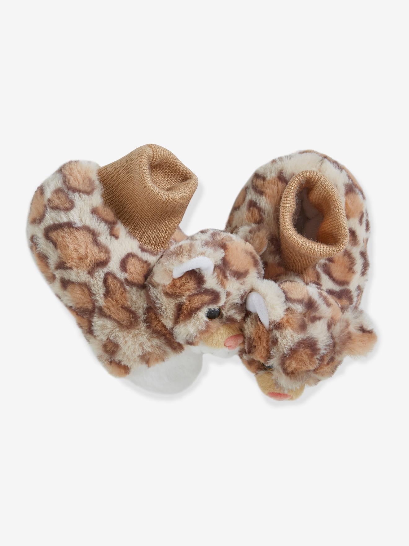 Pantufas de pelúcia bege com estampa, tamanho médio, para bebê menino.