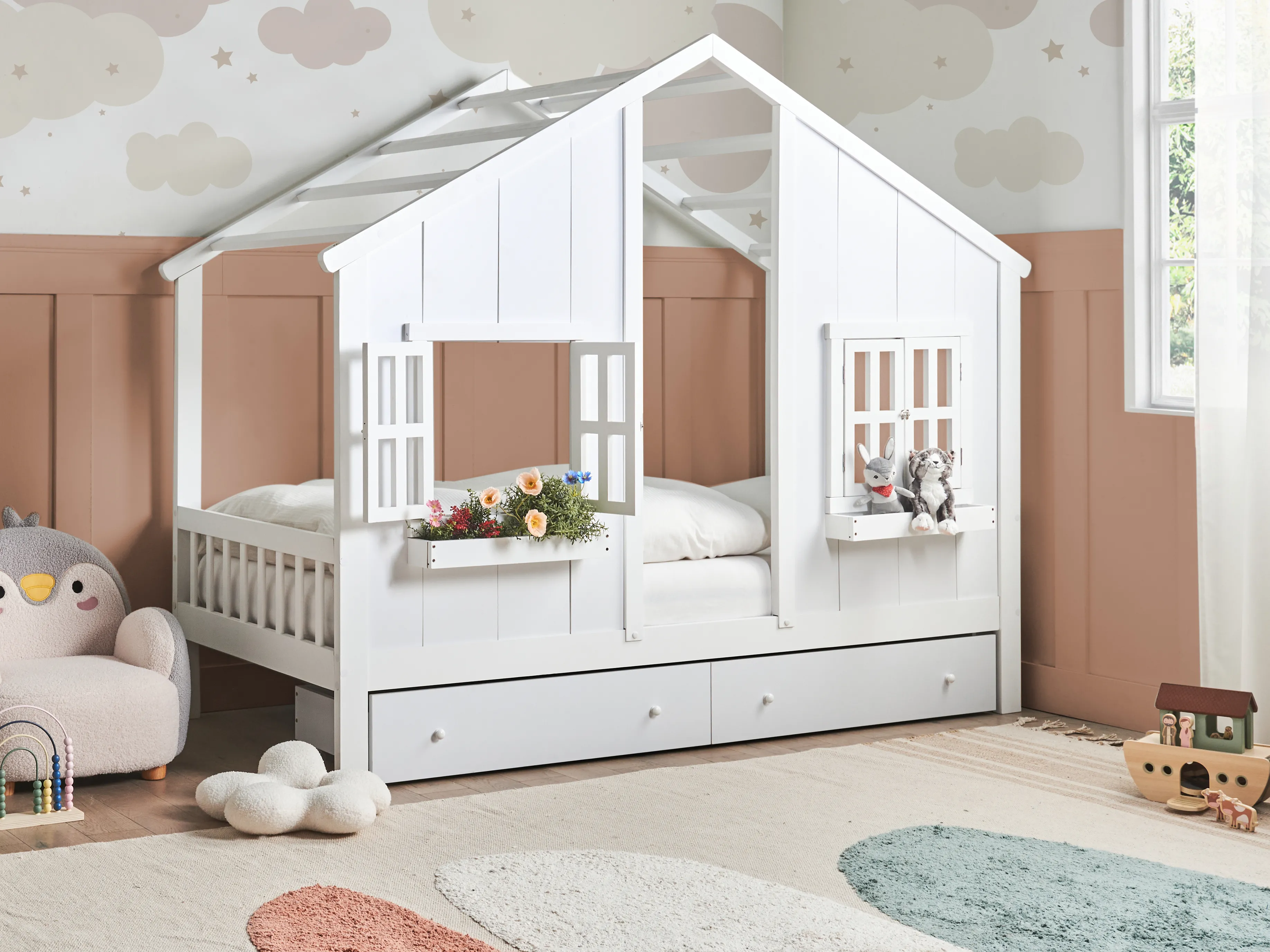 Kinderbed met laden Huis Dennenhout TRAPPES 90 x 200 cm Wit