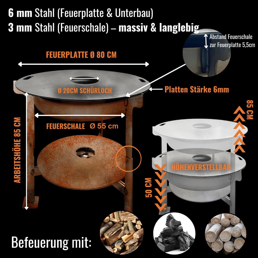 Terma Feuerschale mit Feuerplatte 80cm -Der Neue Grill Trend- Plancha Grillplatte feuertonne mit grillplatte holzkohlegrill komplett grilltonne grillring feuerkorb