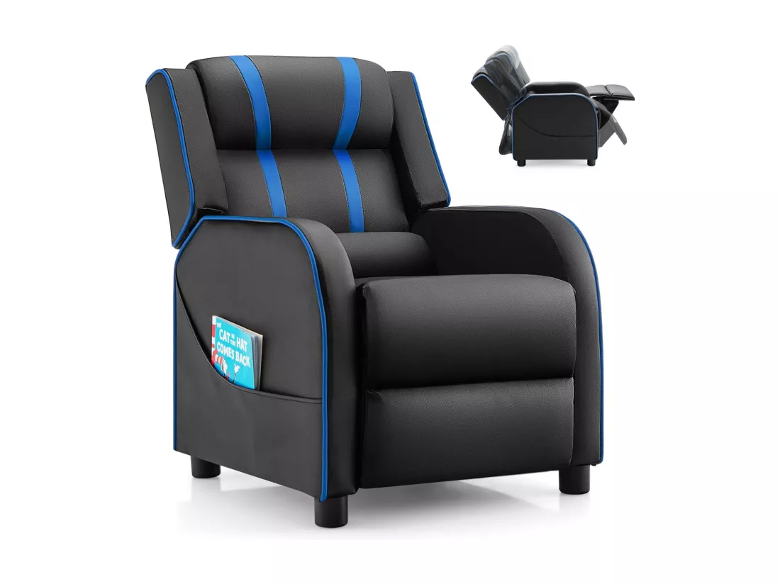 Fauteuil Inclinable Enfant en Cuir PU avec Repose-Pieds Réglable et Poches Latérales, Charge Max 50kg, Bleu