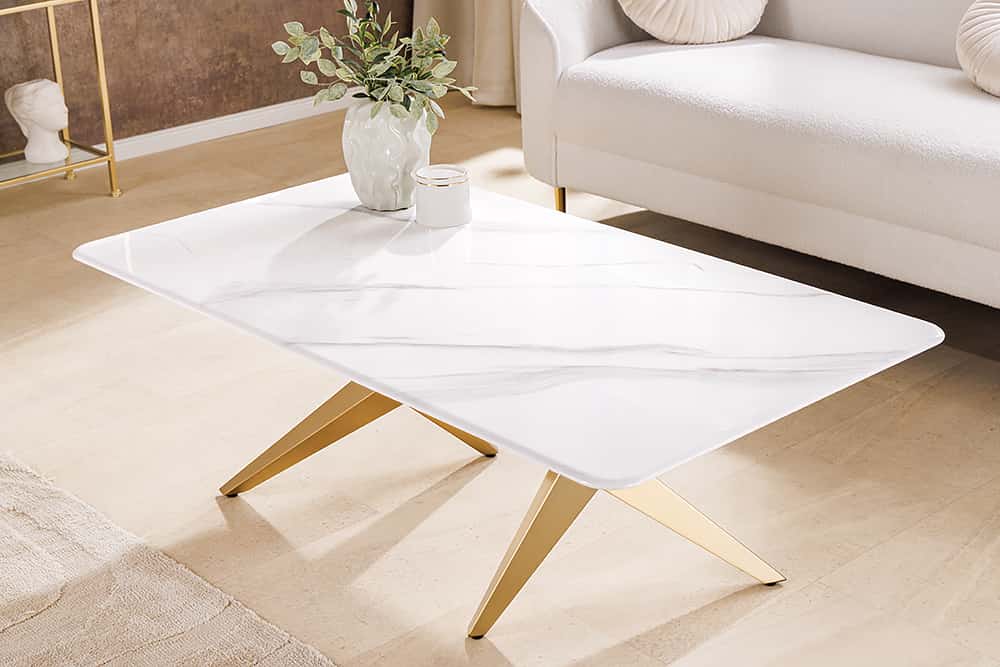 Moderner Couchtisch ART LIVING 130cm weiß Marmor Keramik champagner gold brushed