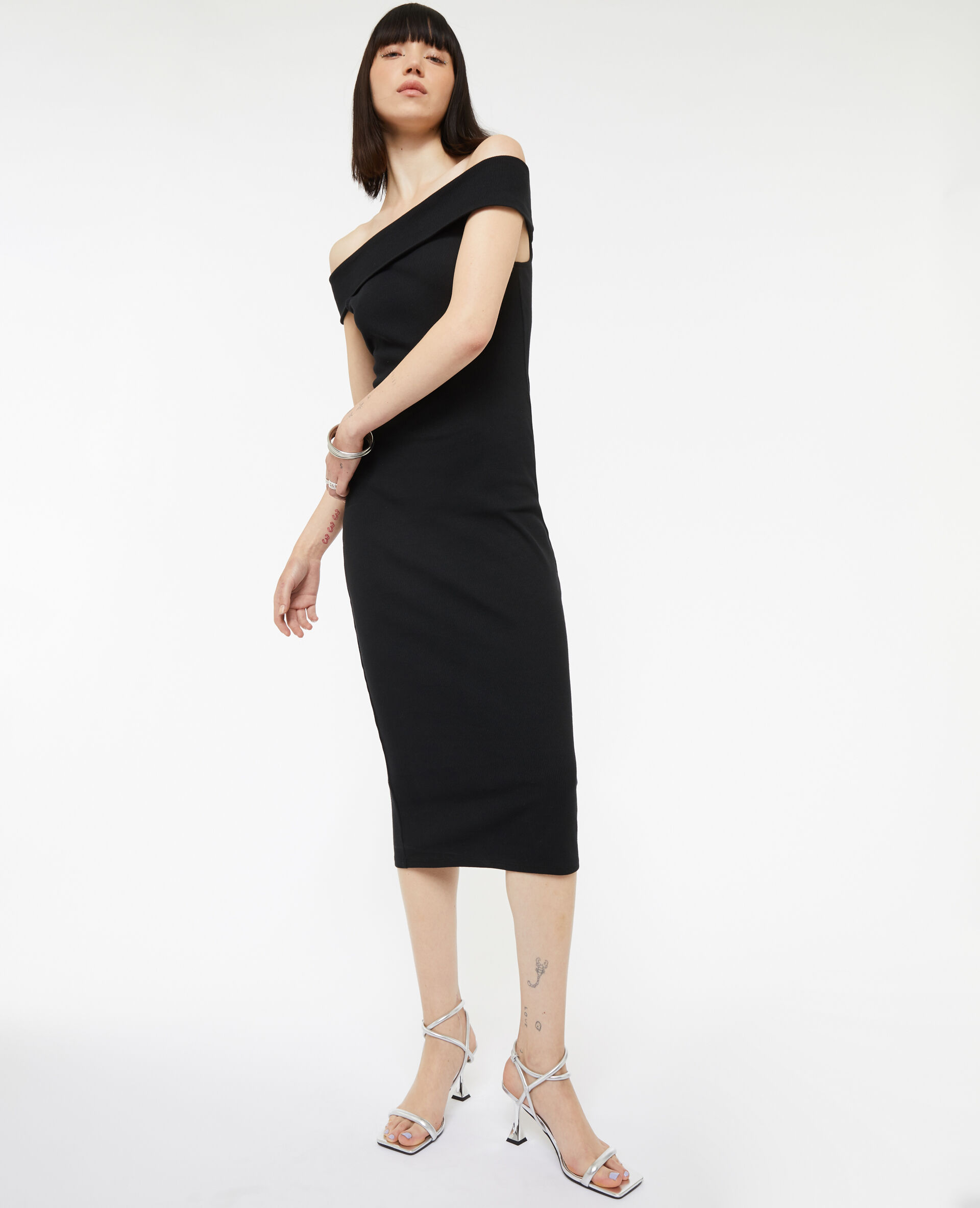 Robe midi encolure Bardot - Noir
