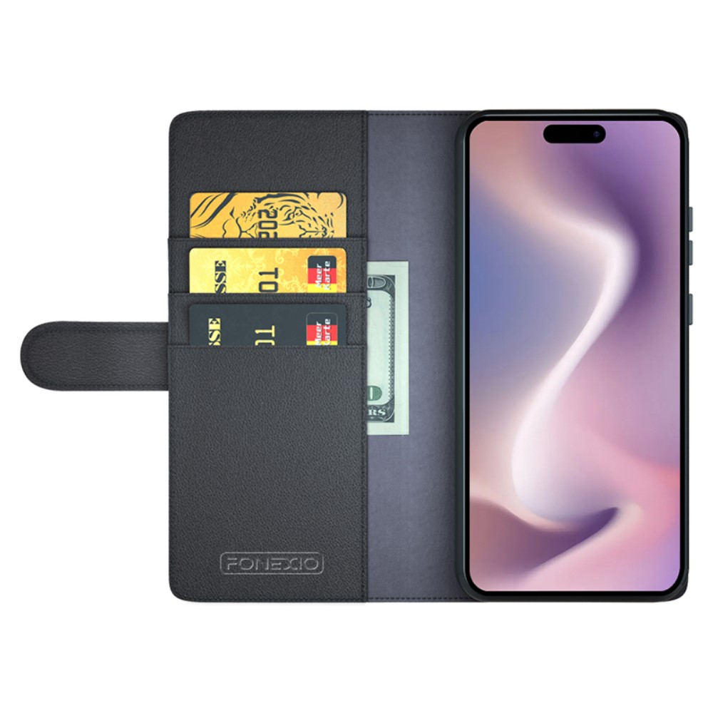 iPhone 16 Pro Echtleder Tasche Flip Cover mit Kartenfächer - Schwarz