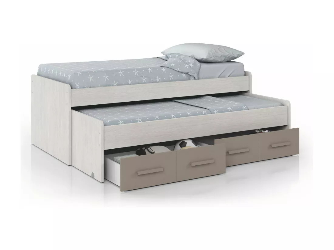 Lit simple Dmerli, Cadre de lit pour chambre à coucher, Lit simple avec lit extractible et 4 tiroirs, 198x96h69 cm, Blanc et Marron