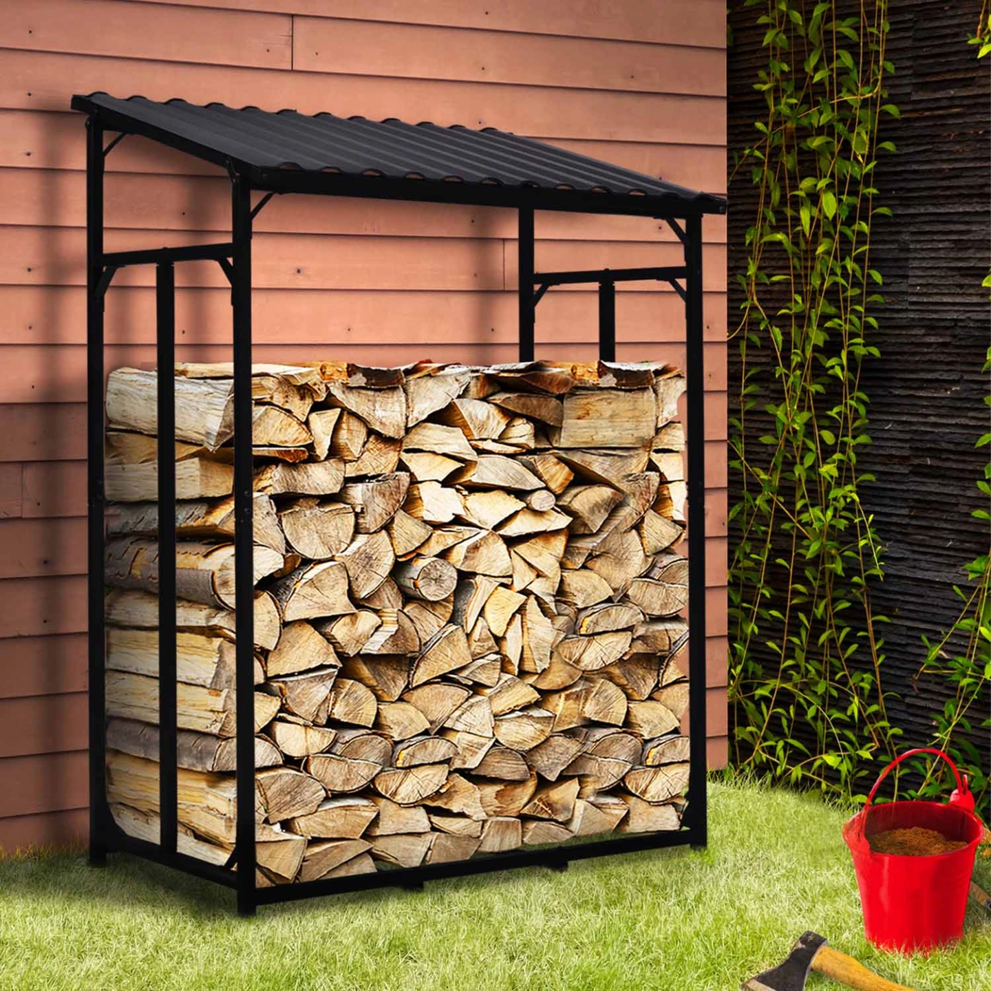 Abri de stockage en acier galvanisé pour bûches L.111 cm avec housse de protection 150 gr