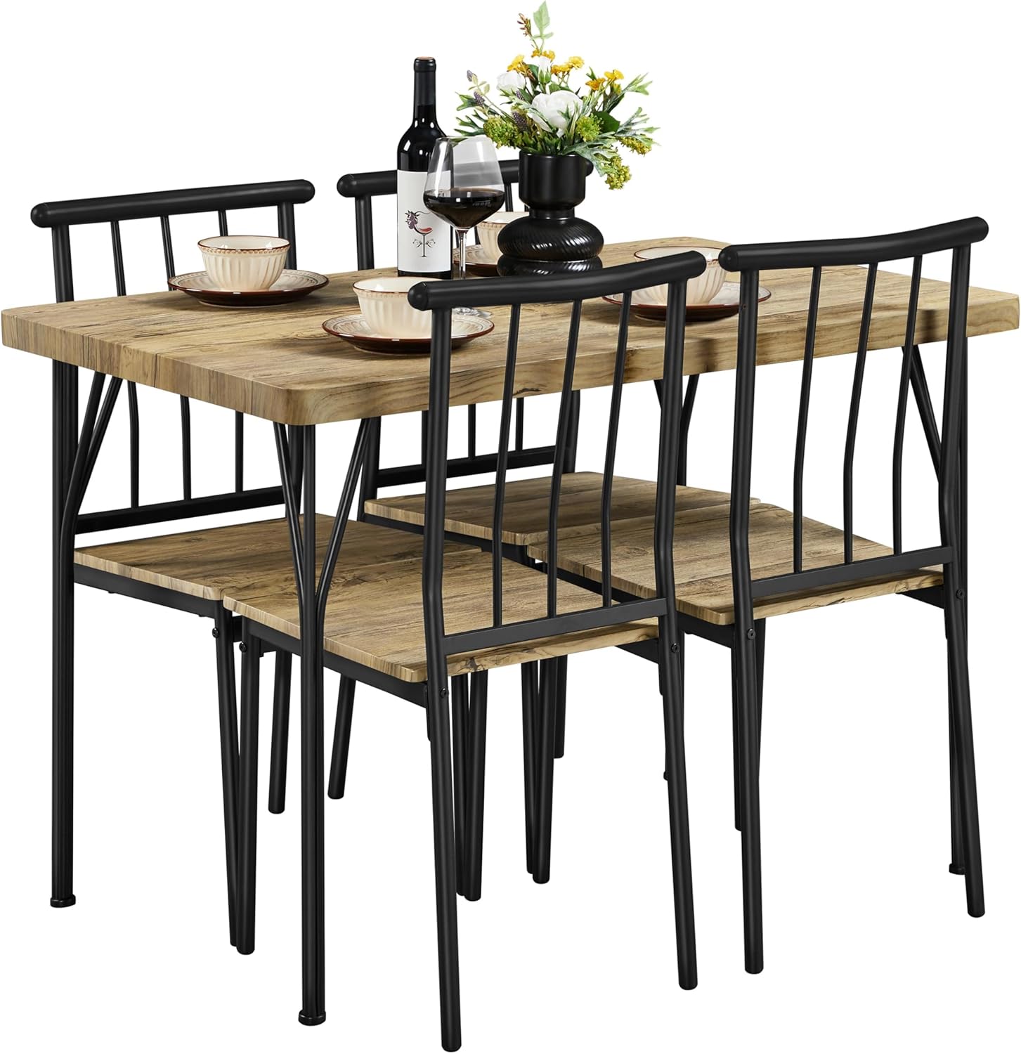 Yaheetech Essgruppen Esstisch mit 4 Stühlen, Esszimmergruppe Rechteckig Küchentisch-Set mit 4cm Dicker Tischplatte, 5er-Set Tischgruppe für 4 Personen Sitzgruppe für Küchentisch-Set fürs Esszimmer/W