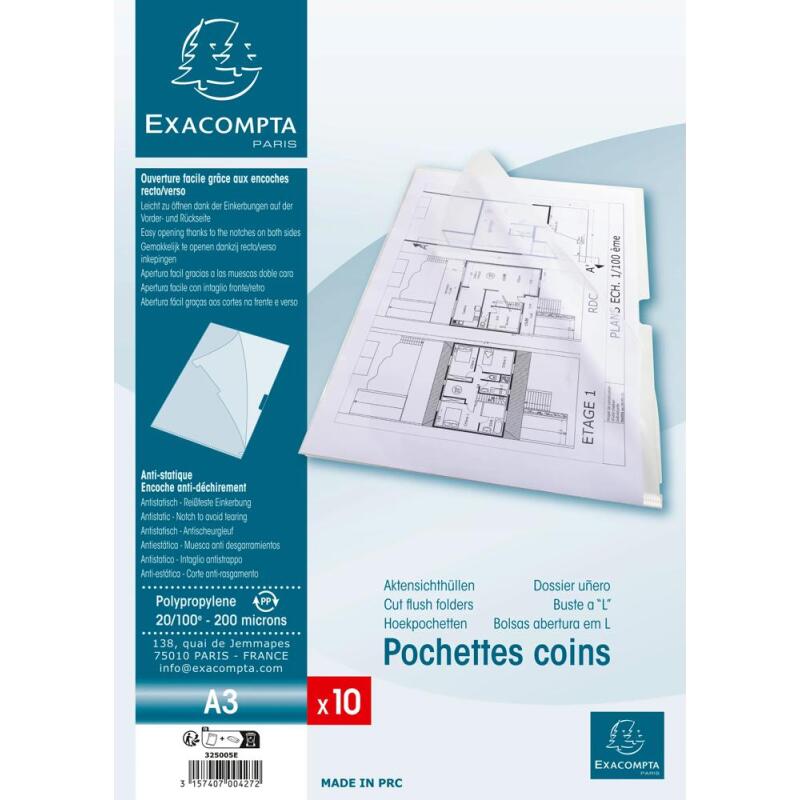 Sachet de 10 pochettes coin polypropylène rigide haute résistance 20/100e - A3 vertical - Cristal