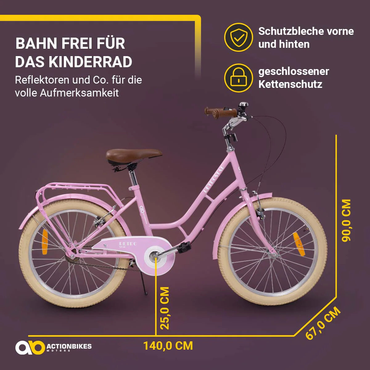 Actionbikes Kinderfahrrad Retrostar 20 Zoll, Rosa, Fahrradständer, Gepäckträger, Sattel gefedert