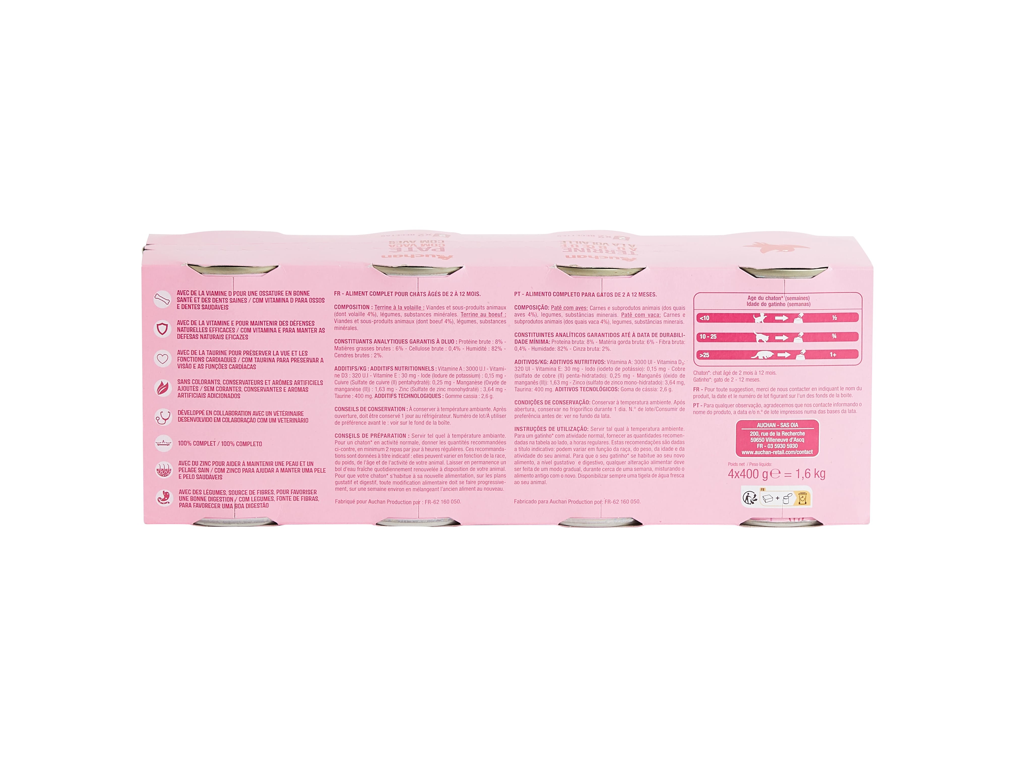 COMIDA HÚMIDA PARA GATO AUCHAN JÚNIOR TERRINAS VACA E AVES 4X400G