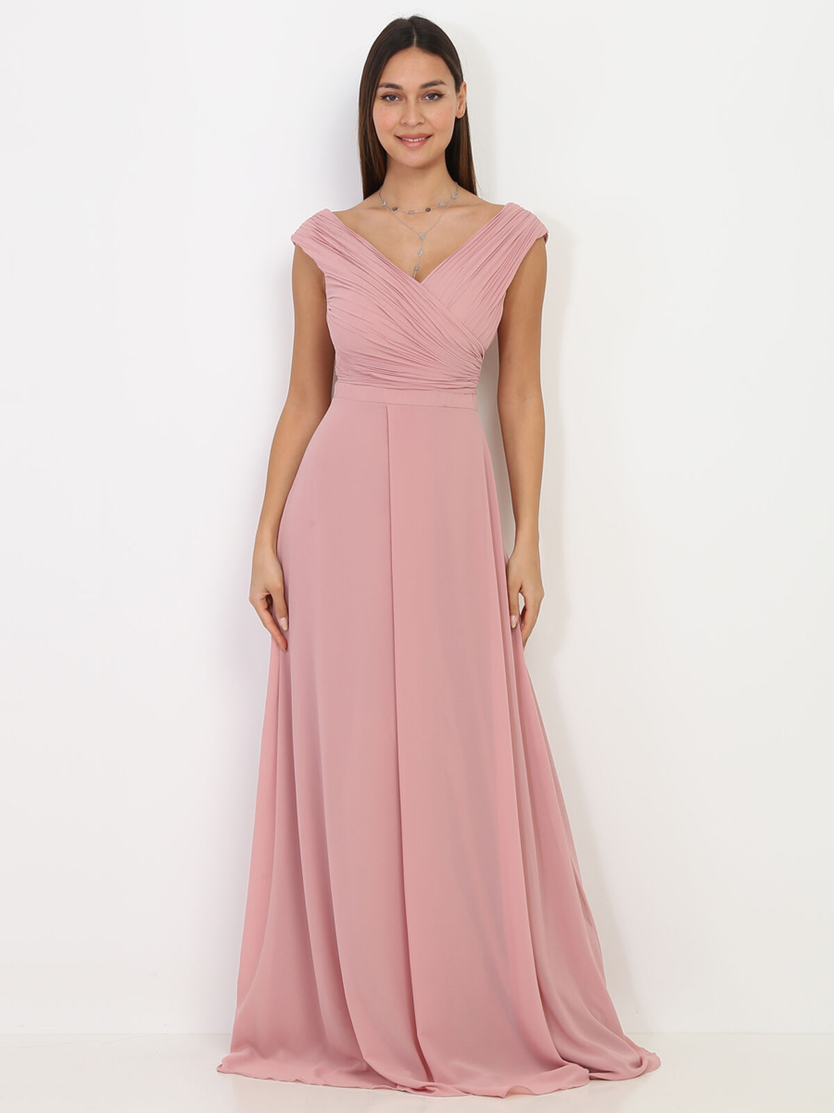 Robe longue drapée avec fente- Vieux rose