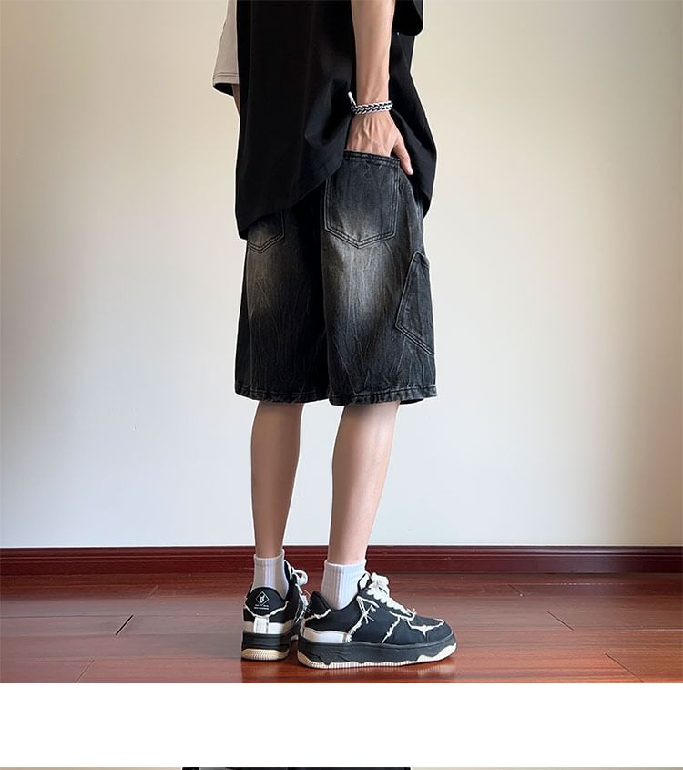 Breeson - Low Rise Washed Distressed Wide Leg Denim Shorts